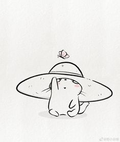 a drawing of a cat wearing a hat with a butterfly on it's back