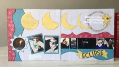 a scrapbook with photos and text on it that reads play to create eclipse inspired layout