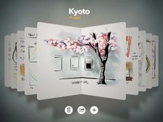 a tablet with an image of a tree on it's screen and the words kyoto written in japanese