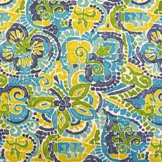 a blue, yellow and green pattern on fabric