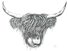 a black and white drawing of a bull's head with long hair on it