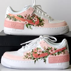 I got this all-white Nike Air Force 1 Shadow painted with my favorite color and a bit of flowers for myself. I am open for commissions. Send me a message to start the process. Talk to you soon! Nike Air Force 1 Shadow, Custom Shoes Diy, Air Force 1 Shadow, Dr Shoes, Trendy Shoes Sneakers, Nike Shoes Girls, Preppy Shoes, Custom Nike Shoes, All Nike Shoes