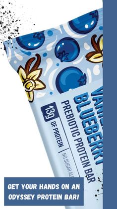 a bar with blueberries on it and the words get your hands on an oxysey protein bar