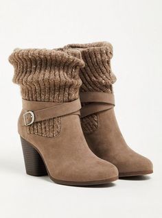 FIT Extra wide width (WW). . Extra cushioned footbed; rubber sole. 3” heel height. MATERIALS + CARE Faux suede. 93% fabric, 6% plastic, 1% metal. Imported. DETAILS Platform design. . Adjustable ankle strap. The best plus size women's sweater bootie (ww) booties in taupe made of suede. Rock your look from Torrid to Festivals like Coachella and Lollapalooza, a concert, a show, or just for fun! Torrid is your destination for cozy fall and winter clothes to keep you warm and comfortable. Outfits With Cream Colored Boots, Cute Winter Clothes For Women, Sweater Bootie, Fall Boots Women, Fall Ankle Boots, Fancy Fashion, Popular Boots, Platform Design, Plus Size Fall Outfit