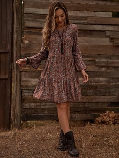 Ditsy Floral Flounce Sleeve Smock Dress | EMERY ROSE Brown Pattern Fall Dress, Affordable Floral Print Fall Dresses, Floral Long Sleeve Dress Fall, Every Day Dresses Casual Winter, Happy Fall Dress, Beige Floral Dress Fall, Fall Dress With Boots Roolee, Fall Dress 2022 Boho, Fall Long Sleeve Dresses With Booties