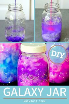 three jars filled with different colored liquid and the words diy galaxy jar above them