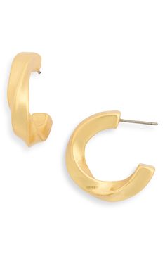 Twist-textured rings shape stylish statement hoop earrings finessed in a gleaming goldtone plate. 1" diameter Post back Goldtone plate Imported Twist Hoop Earrings, Statement Hoop Earrings, Textured Ring, Ring Shapes, Vintage Gold, Nordstrom Rack, Madewell, Gold Tones, Jewelry Earrings