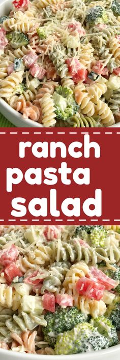 this ranch pasta salad is loaded with broccoli, tomatoes, and other ingredients