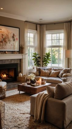 a living room filled with furniture and a fire place in front of a large window