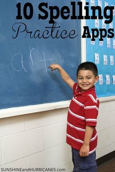 a young boy standing in front of a blackboard with the words 10 spelling practice apps