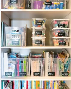 the shelves are filled with plastic containers and supplies for crafting, including pens, pencils, markers