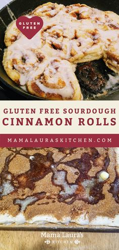 cinnamon rolls with glaze on top and the title overlay reads gluten free sourdough cinnamon rolls