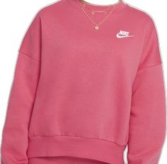 Pink Athleisure Sweatshirt For Leisure, Pink Fleece Sportswear Sweatshirt, Nike Spring Sweats With Crew Neck, Pink Fleece Sweatshirt Sportswear, Nike Crew Neck Sweats For Loungewear, Pink Relaxed Fit Sportswear Sweatshirt, Trendy Long Sleeve Sweats For Sports, Pink Crew Neck Sweatshirt For Leisure, Nike Casual Sweatshirt