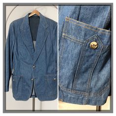 "Vintage 70s medium wash denim Lee Set casual blazer or jacket.  Large front patch pockets, waist band detailing with button side flaps.  Single vent and wide lapels.  One small snag at bottom - see picture.  Tag says 40R, actual measurements as follows: Chest: 40\" Sleeves: 24.5\" Shoulders: 16.5\" Length: 30\"" Notch Lapel Denim Jacket With Pockets, Classic Denim Jacket With Notch Lapel And Pockets, Vintage Denim Jacket With Flap Pockets For Workwear, Vintage Denim Outerwear With Flap Pockets, Retro Outerwear With Patch Pockets In Medium Wash, Spring Denim Jacket With Notch Lapel And Patch Pockets, Classic Denim Blue Blazer With Pockets, Classic Denim Blazer With Pockets, Classic Medium Wash Blazer With Pockets