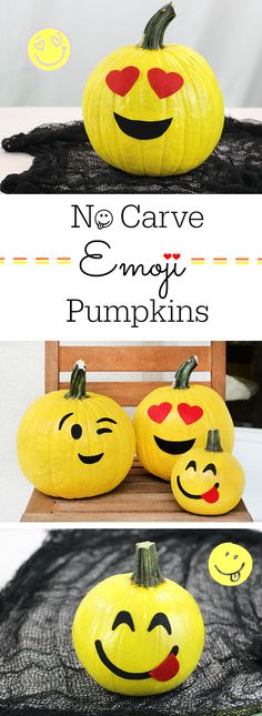 no carve emoji pumpkins with faces painted on them and the words, no carve emoji pumpkins