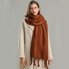 Cap Point WT68-11 Winnie Winter Wrap Thick Soft  Big Tassel Shawl Long Stole Scarf Solid Color Fringe Scarf For Fall, Casual Fringe Scarves For Winter, Casual Winter Scarves With Fringe, Fall Fringe Scarves, Big Tassels, Diy Hooded Scarf, Long Shawl, Winter Wrap, How To Wear A Scarf