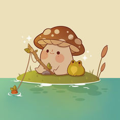 a cartoon character is fishing in the water with a frog and mushroom on his back