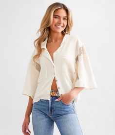 POL Netted Mesh Boxy Shirt - Cream Large, Women's Natural Crinkle woven button down shirt Raw edge details Bust measures 46 on size small Body length 19 1/2 on size small. Self: 100% Cotton. Contrast: 65% Polyester 35% Cotton. Hand wash cold. Do not bleach. Lay flat to dry. Do not wring or twist. Do not iron. Apparel & Accessories > Clothing > Shirts & Tops Oversized Casual Cropped Shirt For Summer, Casual Button-up Camp Shirt For Day Out, Spring Long Sleeve Camp Shirt With Buttons, Spring Long Sleeve Camp Shirt, Casual Long Sleeve Cropped Shirt For Day Out, Casual Long Sleeve Cropped Shirt For Summer, Casual White Cropped Shirt For Day Out, Collared Beach Tops For Fall, Oversized Spring Button-up Camp Shirt