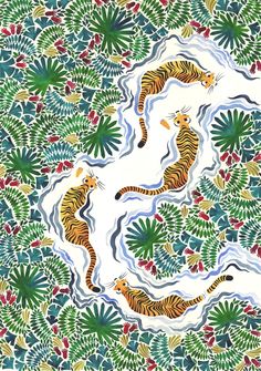 two tigers are swimming in the water surrounded by plants and leaves, while another tiger is running