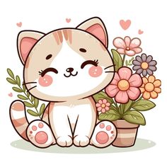 a cartoon cat sitting next to a potted plant with flowers in it's paws