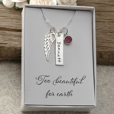 A sterling silver wing necklace with birthstone and personalized name rectangle. This comes in a gift box with a card that reads Too beautiful for earth. The wing charm measures 27mm x 8mm. Also included is a channel drop birthstone in your color choice. This comes with a 16, 18, or Customizable Silver Birthstone Necklace For Mom, Sterling Silver Birthstone Necklace With Custom Name For Mom, Personalized Spiritual Birthstone Necklace As Gift, Personalized Spiritual Birthstone Necklace For Gift, Sterling Silver Birthstone Necklace For Mom, Customizable Sterling Silver Birthstone Necklace For Gifts, Silver Nameplate Birthstone Necklace As Gift, Rectangular Keepsake Jewelry For Mother's Day, Personalized Silver Birthstone Necklace For Mom