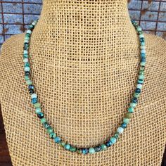 "Cute and trendy! Genuine, excellent quality, 5mm round faceted natural Dragon Skin turquoise and sterling silver necklace. NOT dyed or treated in any way - I guarantee it. 5mm micro faceted turquoise - considered SMALL size beads All lengths come with 2\" extender. If you DO NOT want extender, add note at checkout. EXAMPLE: 15\" + 2\" extender = 17\" total length to LAST LINK of extender chain NOTE: Even though I may have several available, they are all basically the same but natural colors can Artisan Turquoise Necklace With Faceted Beads, Turquoise Faceted Bohemian Jewelry, Turquoise Necklace With Round Chrysocolla Beads, Turquoise Emerald Necklace With Round Natural Stones, Bohemian Faceted Turquoise Beaded Necklaces, Turquoise Necklace With Round Gemstone Beads, Turquoise Chrysocolla Necklace With Round Beads As Gift, Turquoise Necklace With Chrysocolla Gemstone Beads, Turquoise Chrysocolla Necklace With Round Gemstone Beads