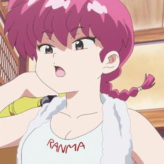 an anime character with pink hair wearing a white shirt and holding her hand to her ear