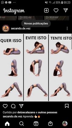 an image of a woman doing yoga poses on her cell phone, with caption in spanish