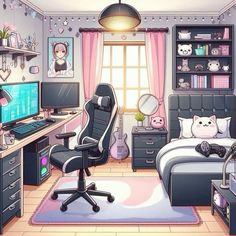 a room with a bed, desk and computer