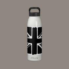 a black and white water bottle with the british flag painted on it's side