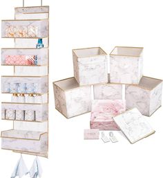 an assortment of white and pink storage boxes