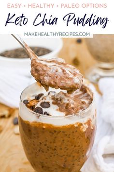 a spoon full of chocolate peanut butter pudding with the title above it that reads, keto chia pudding chocolate or peanut butter