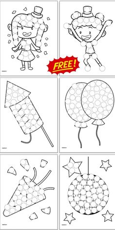 Six black and white New Year's Eve themed dot marker coloring pages with "free!" on a red sticker Marker Coloring Pages, Winter Printables Free, Painting Pages, Coloring Pages For Toddlers, Marker Coloring, New Year's Eve Activities, Marker Painting, Winter Printables, Do A Dot