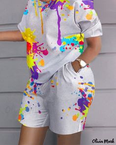 Color: gray, Size: 3XL(18) Two Pieces Set Outfits, Two Piece Short Set, Tie Dye Shirts, Loose Outfit, Casual Sets, Two Piece Sets, Two Piece Outfit, Shorts With Pockets, Clothing Patterns