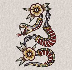 a drawing of a snake with flowers on it's head and two snakes in the middle