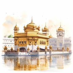 an artistic painting of a golden building on the side of a body of water with people standing around it