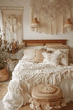 a bed with white linens and pillows in a room filled with wicker baskets