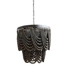 a chandelier made out of beads hanging from a chain on a white background