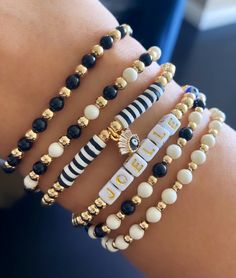 Black White And Gold Beaded Bracelet, Black And White Beaded Bracelet, White Beaded Bracelets, Beaded Bracelet Stack, Gold Bead Bracelet, Gold Bracelets Stacked, Jewelry Stacking, White Beads Bracelet