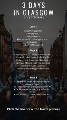 the 3 days in glasgow flyer is shown with flags and people standing around