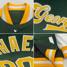 three pictures of green and yellow jerseys with white letters on the front, one has gold trim