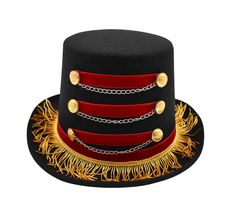 Adult Deluxe Circus Ringmaster Top Hat Ring Leader Halloween Toy Soldier Costume It's Circus time and you are the Ring Master! This season complete your look with this Deluxe Red and Black Ringmaster Top Hat. Perfect for Men, Women, and Teens! This deluxe Ring leader top hat is the perfect addition to your Circus themed party costume. The dark ring master hat has gold fringe accenting around the base of the hat, three red strips of velveteen fabric accented with gold buttons on either side, and Circus Hat, Toy Soldier Costume, Lion Tamer Costume, Circus Ringmaster, Dark Ring, Ring Leader, Ring Master, Soldier Costume, Lion Tamer