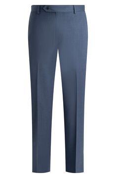 Smart and versatile, these dress pants tailored from Italian wool feature traditional detailing from the regular rise in the waist to the classic flat-front construction. Zip fly with button-tab closure Front slant pockets; back button-welt pockets Partially lined Unhemmed 100% wool Dry clean Made in Canada Classic Blue Bottoms With Pressed Crease, Flat Front Bottoms With Welt Pockets In Suiting Fabric, Semi-formal Straight Leg Suiting Bottoms, Semi-formal Straight Leg Suiting Fabric Bottoms, Straight Leg Bottoms In Suiting Fabric For Semi-formal Occasions, Blue Formal Trousers Suit, Straight Leg Pants With Welt Pockets In Suiting Fabric, Formal Pants With Pockets In Suiting Fabric, Formal Blue Wool Bottoms