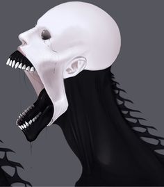 a white mask with teeth and fangs on it's face, in front of a gray background