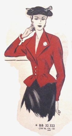 a drawing of a woman in a red jacket and black skirt with a hat on her head