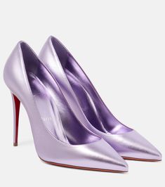 Kate 100 metallic leather pumps in purple - Christian Louboutin | Mytheresa Luxury Purple Slingback Pumps For Women, Chic Purple Pointed Toe Heels, Christian Louboutin Shoes Pumps, Designer Purple Leather Heels, Louboutin Kate 100, Stylish Winter Hats, Christian Louboutin Kate 100, Luxury Purple Heels With 4-inch Heel, Purple Christian Louboutin Heels