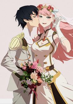 two anime characters are kissing each other with flowers in their hair and one has pink hair