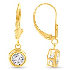 This matching pair of women's earrings features two round brilliant cut lab grown diamonds.  All diamonds are bezel set in solid 14k yellow gold lever back earring mountings. Luxury Women's Earrings With Lever Back, Luxury Dangle Earrings With Lever Back, Luxury Fine Jewelry With Lever Back, Luxury Lever Back Earrings For Women, Luxury Diamond Earrings With Lever Back, Luxury Lever Back Anniversary Earrings, Blue Diamond Earrings, White Gold Earrings, Pompeii