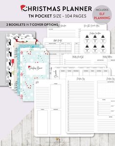 the christmas planner is shown on top of a wooden table with paper and clippings