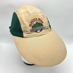 Vintage 1990s Glacier National Park Montana Long Bill 4 Panel Baseball Cap  Tan body with green vented mesh sides, oversized duckbill, embroidered logo, adjustable strapback American Made in the USA - ACTWU Union Made Preowned, some staining to top and underside of bill. Please see all photos Vintage retro 90s outdoor hiking fishing souvenir gorpcore unisex for men or women Vintage Green Snapback Hat For Outdoor, Green Vintage Trucker Hat For Outdoor, Vintage Trucker Hat For Outdoor Activities, Outdoor Snapback Visor Hat With Embroidered Logo, Outdoor Visor Snapback Hat With Embroidered Logo, Outdoor Trucker Hat With Brim, Vintage Snapback Baseball Cap For Outdoor Activities, Green Baseball Cap For Outdoor Activities, Outdoor Brimmed Trucker Hat